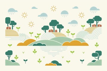Fototapeta premium Flat landscape with rolling hills, trees, small houses, suns, and clouds for environmental awareness concept