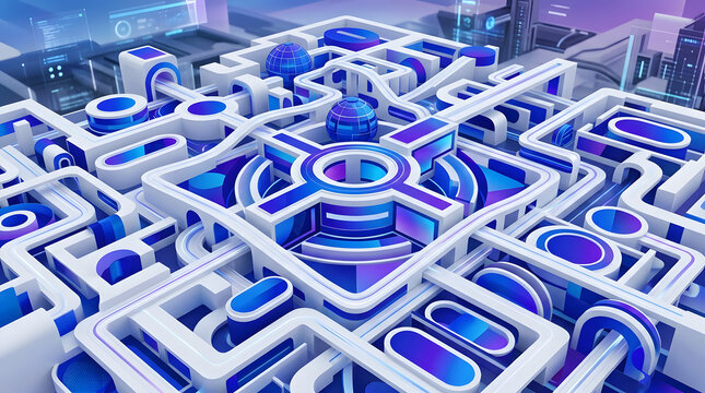 Futuristic digital labyrinth with blue and white geometric architectural patterns for technology data networking.