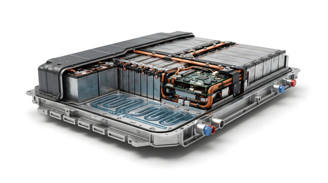 Modern EV Battery Pack with Layered Lithium Ion Cells, Integrated Cooling Plates, Busbars and High Voltage Electrical Components