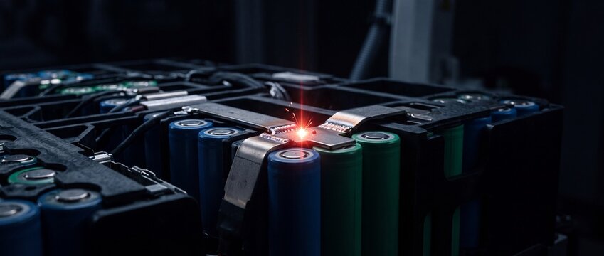 Industrial automated laser welding process on lithium battery pack assembly line for electric vehicle power cell manufacturing.