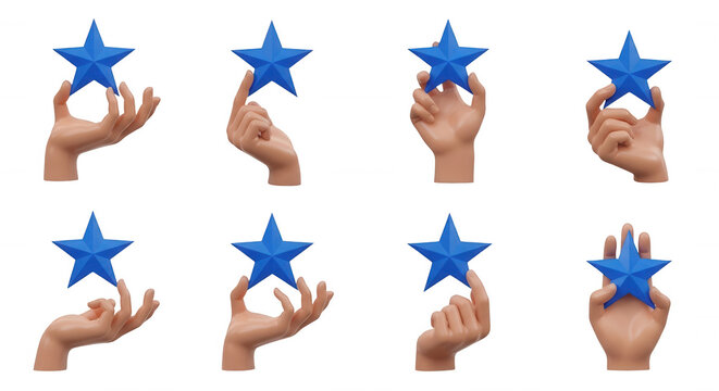 collection of eight hands holding blue star shapes on a clean white background symbolizing achievement possibly reviews