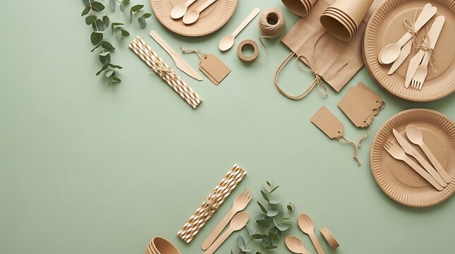 Eco friendly disposable tableware and cutlery on a light green background with copy space.