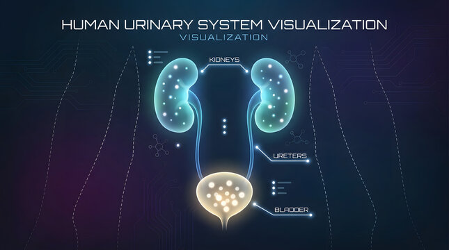 Glowing human urinary system anatomy visualization with kidneys ureters and bladder.