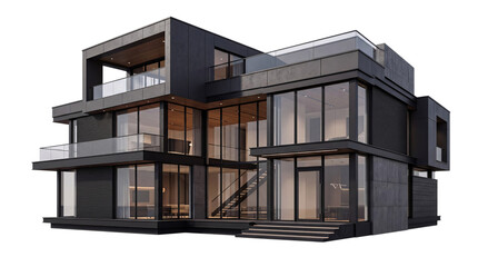 Fototapeta premium Dark modern multi-story luxury residence with extensive isolated on png transparent background