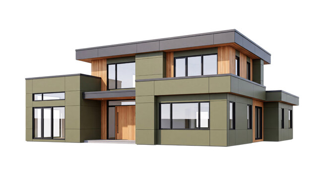 Contemporary two-story house with green and wood facade and isolated on png transparent background