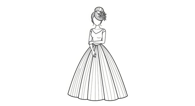 A stylized, black and white illustration depicts a young woman wearing a long, flowing gown adorned with floral decorations. She stands gracefully with her hands gently placed on her dress.
