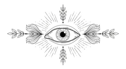 Fototapeta premium A detailed black and white illustration features a central eye surrounded by radiating lines and stylized foliage.