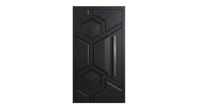 Geometric patterned black front door with modern silver isolated on png transparent background
