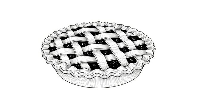 A detailed black and white illustration depicts a round pie with a lattice crust resting on a white surface.
