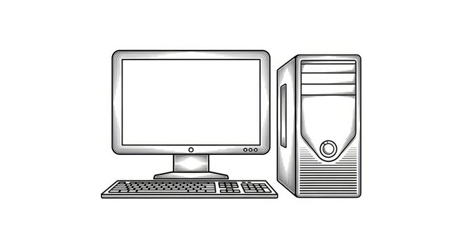 A monochrome line drawing depicts a vintage computer setup. The image showcases a desktop computer tower with a monitor and a keyboard.