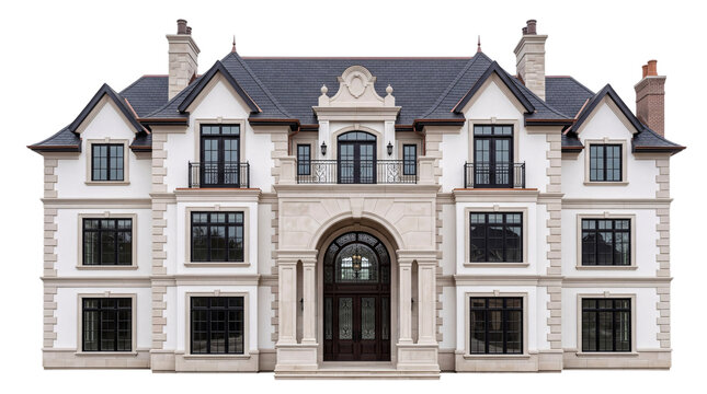 Grand french-inspired mansion with white stone facade and isolated on png transparent background