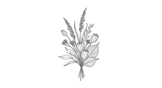 A delicate black and white line drawing depicts a bunch of dried flowers and seed heads tied together with twine.