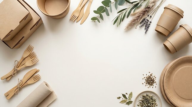Eco Friendly Disposable Tableware and Food Packaging Flat Lay.