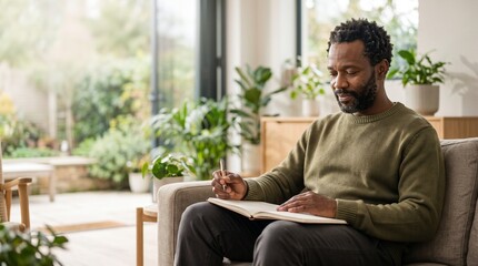 Fototapeta premium Man Writing in Notebook on Sofa: A thoughtful man sits on a comfortable sofa, engrossed in writing in a notebook.