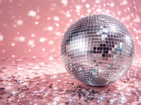 Silver disco ball on sparkling pink party background