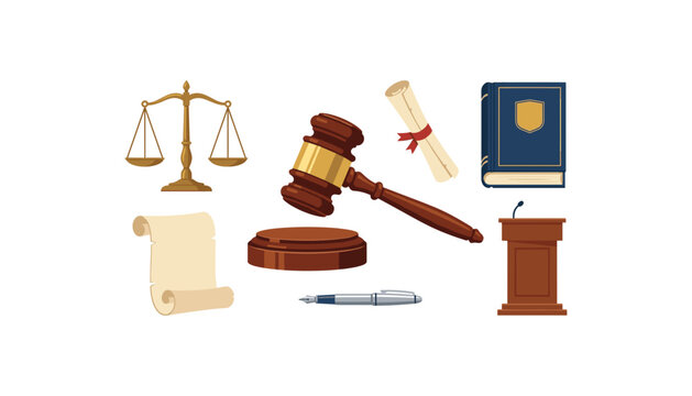 Law and Justice Vector Element Set with Gavel, Scales, Law Book, Podium, Scroll, and Pen Isolated on White Background