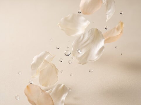 Floating white rose petals and water droplets with beauty product droplets floating delicate background