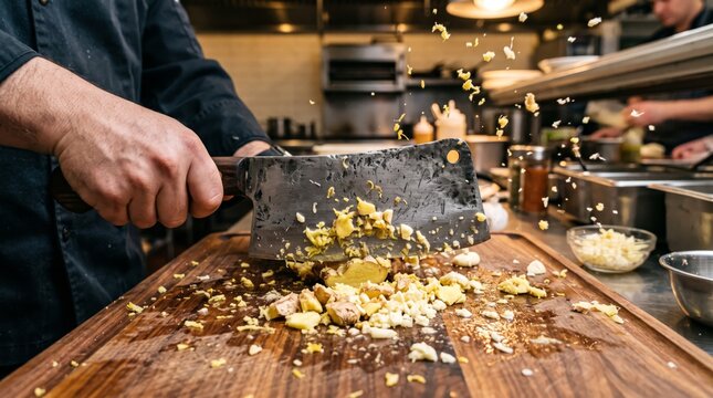 Professional chef chopping fresh ginger with a large cleaver