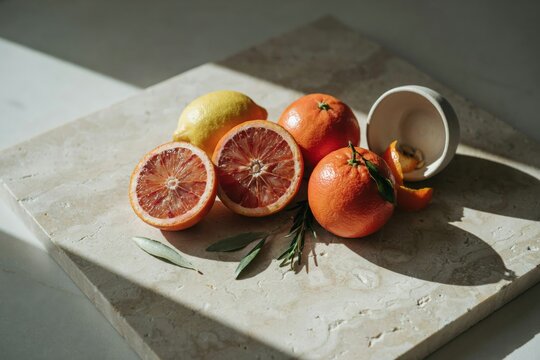 Fresh citrus fruits including halved oranges, a whole lemon, and tangerines arranged on a textured light beige stone slab with green leaves