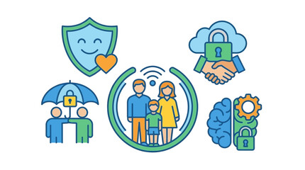 Fototapeta premium Family icon surrounded by various digital safety symbols.
