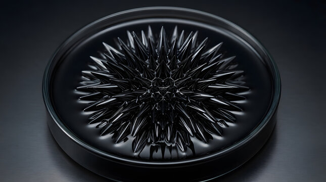Black ferrofluid forming sharp magnetic spikes in top-down macro shot with high-gloss metallic reflective liquid surfaces