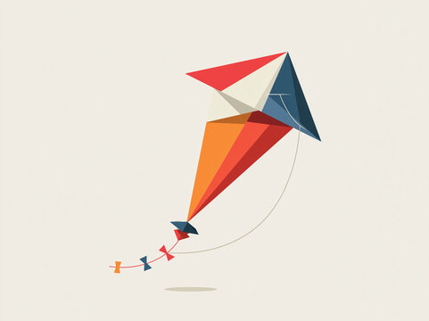 Colorful Geometric Paper Kite Flying on Clean Background