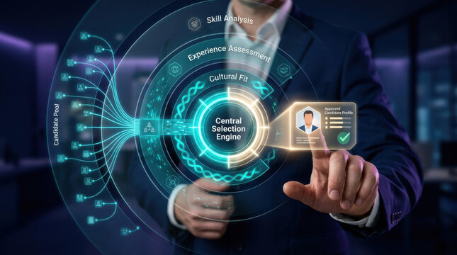 Artificial intelligence recruitment software and central selection engine interface analyzing candidate pool for corporate hiring