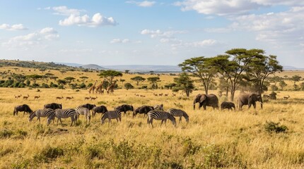 Obraz premium A herd of zebras and elephants graze in a vast, golden savanna landscape under a bright blue sky dotted with fluffy white clouds. Several giraffes and other zebras are also present in the field.