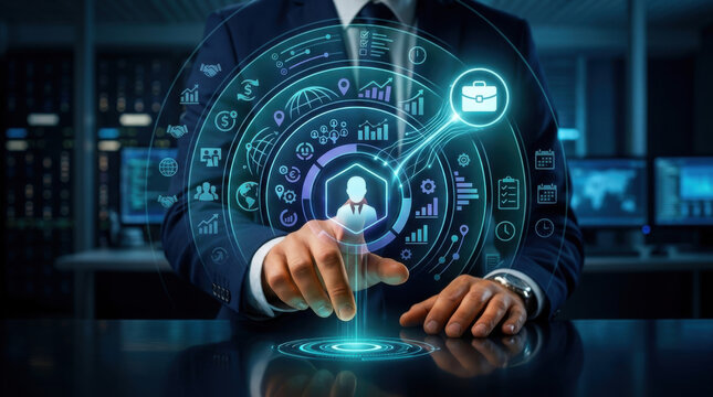 Human resources management dashboard with futuristic digital interface for talent analytics and recruitment strategy