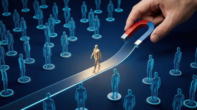 Talent acquisition strategy featuring business hand using giant magnet to attract top candidate from crowd