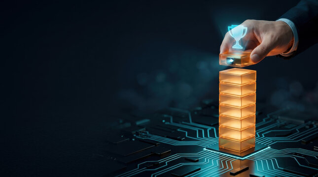 Gamification in technology concept showing hand placing glowing trophy block on digital circuit board stack