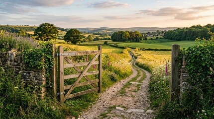 Fototapeta premium A weathered wooden gate stands before a winding dirt path leading into a lush green meadow. The gate is flanked by a stone wall covered in climbing lavender and ivy.
