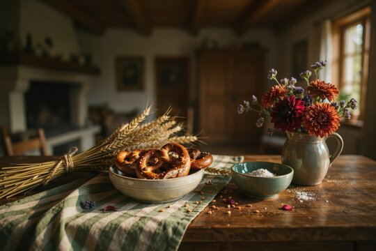 Freshly baked pretzels in a ceramic bowl with wheat stalks and a vase of autumn flowers on a rustic wooden table in a cozy home kitchen
