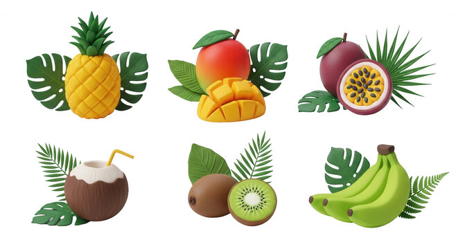 3d rendered exotic fruits pineapple mango passion fruit coconut kiwi and bananas with leaves food advertising and design