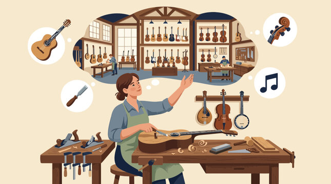 Female Luthier Crafting a Guitar and Dreaming of Future Music Shop Success