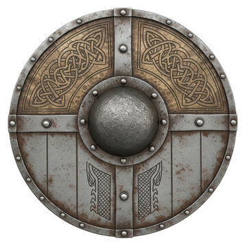 Rustic metal shield with circular emblem and intricate carvings