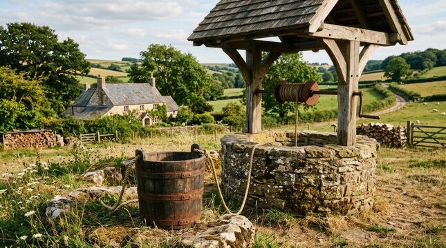 A weathered wooden well stands prominently in a grassy field, shaded by a rustic stone pavilion. A large wooden bucket rests beside the well, connected by a thick rope.