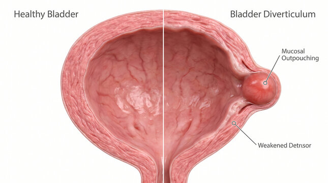 3D Cross-Section of a Healthy Bladder Compared to a Bladder Diverticulum