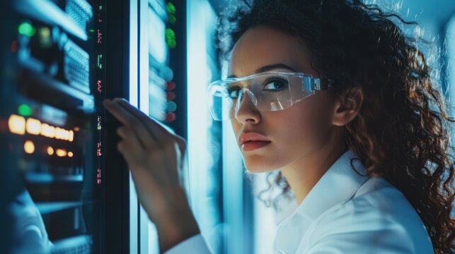 A young woman wearing protective eyewear and a white lab coat intently examines a server rack filled with blinking lights.