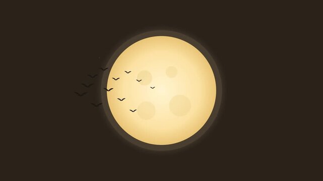 A flock of silhouette birds flies across a glowing full moon background in a minimalist digital animation style.
