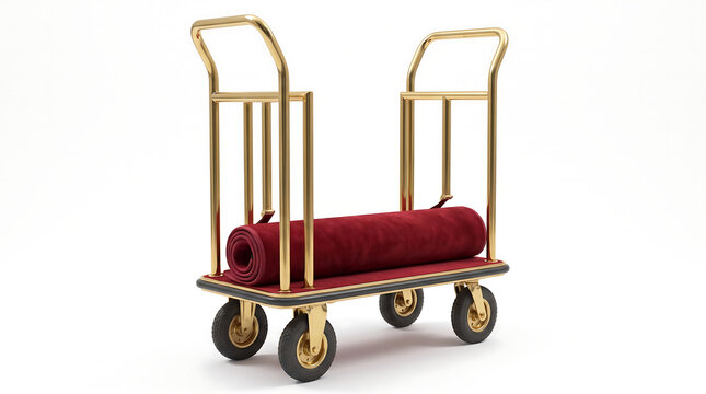 Luxury Brass Luggage Cart with Red Carpet on White Background