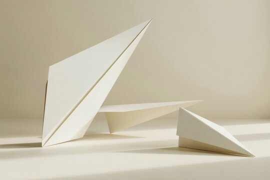 Geometric paper sculptures with sharp triangular edges and clean lines arranged on a flat surface with soft shadows and neutral light tones