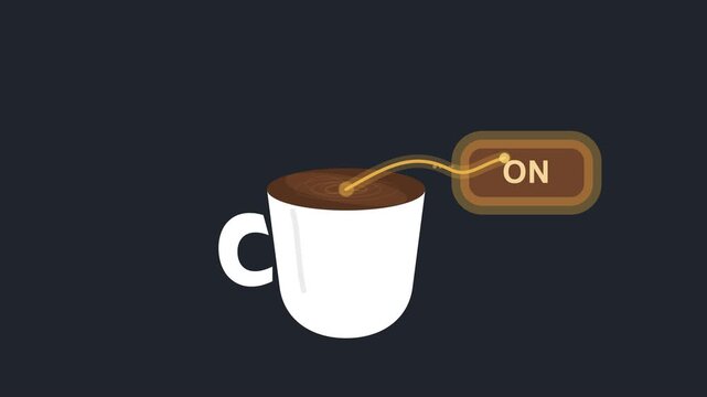 A white coffee cup connected to a power switch icon displays energy and morning motivation in a minimalist 2D style.