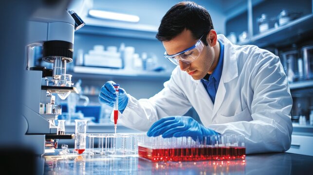 A scientist wearing a white lab coat, safety glasses, and blue gloves carefully adds a red liquid to a test tube. He is working at a laboratory bench filled with various glassware and equipment.