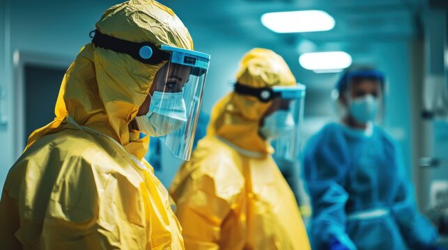 A healthcare worker wearing a yellow protective suit and face shield peers intently into a brightly lit corridor.