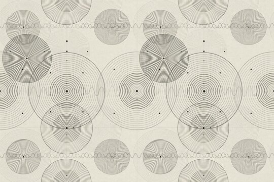 Geometric pattern with concentric black circles and thin wavy lines on a textured off-white background, creating a technical abstract effect