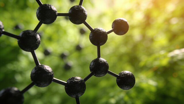 rendering of a molecular structure set against a blurred, lush green background, suggesting a natural environment. The molecular model consists of black spheres connected by thin rods, representing at