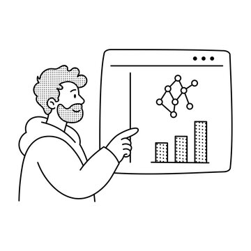 Developer examining charts and connected data points on a code dashboard.