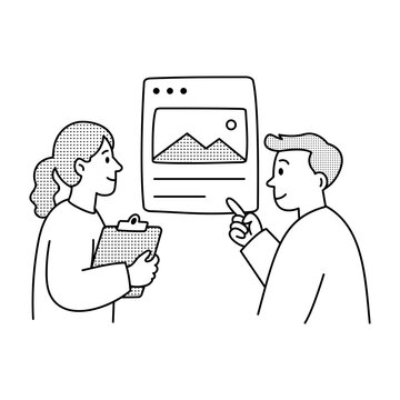 Two designers discussing a visual layout displayed on a presentation screen.