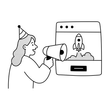 Creative professional announcing a new website release with a megaphone.